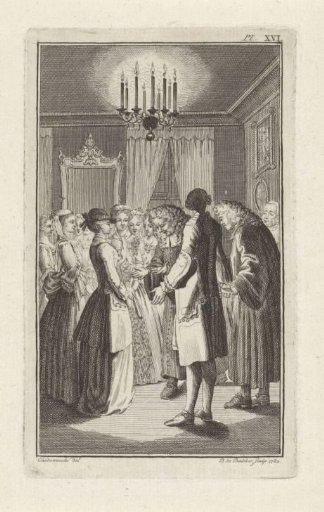 Two preachers received by ladies in an interior in the evening