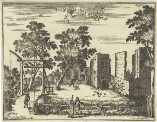 Figures near a ruin and a drawbridge