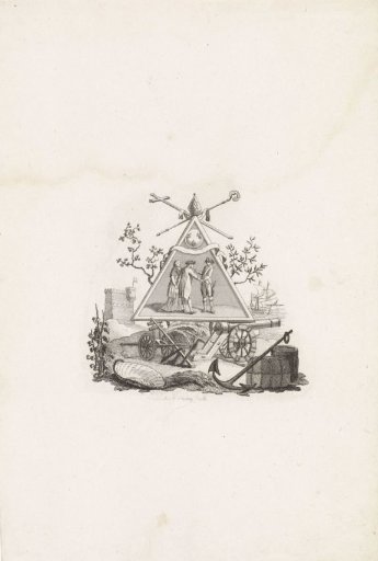 Quay on which various attributes and a frame with three figures and a mitre