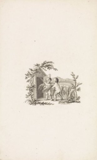 Two putti carrying sheaves of corn to a barn