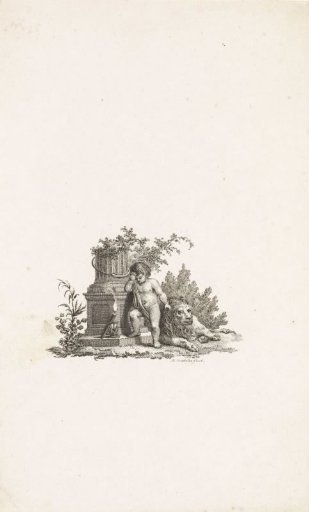 Mourning putto at a ruined pillar