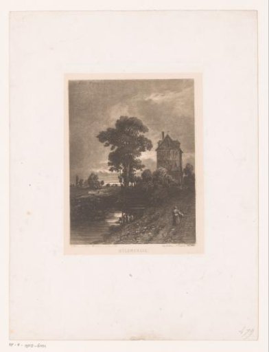 Landscape with a woman walking towards a house