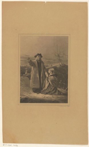 Minister with a kneeling woman in a landscape