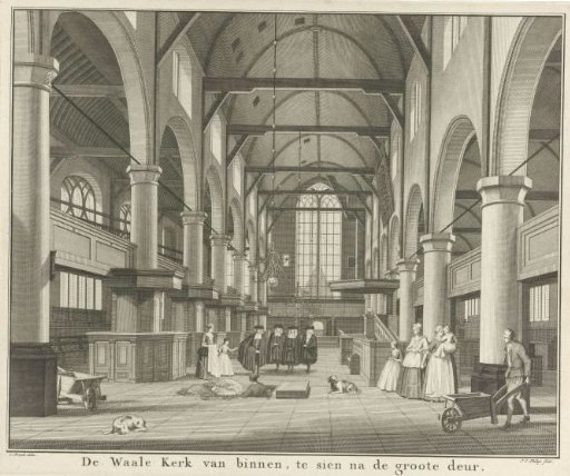 Interior of the Walloon Church in Amsterdam, viewed towards the main entrance