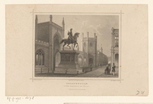 View of the statue of William I, Prince of Orange, and the former palace Kneuterdijk of King William II in The Hague