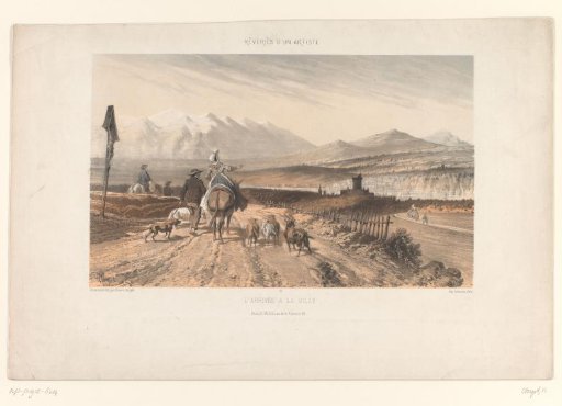 Shepherd approaching a town in a mountain landscape