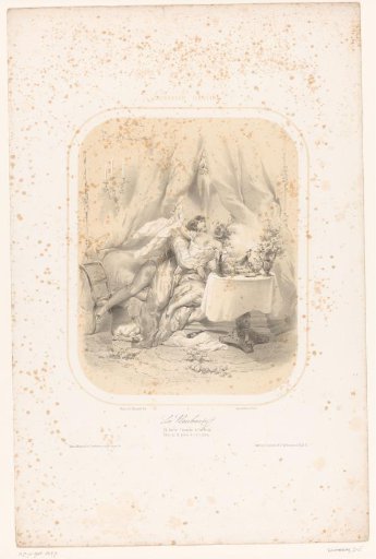 Young woman, embraced by lover, uncorks a bottle of champagne