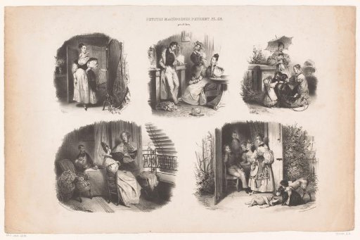 Five representations of people in gardens and interiors
