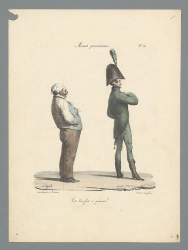 Older man examining the costume of a younger man