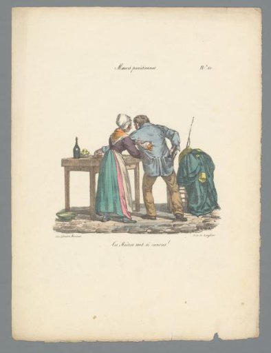 Woman packing provisions for a man while he takes food from the table