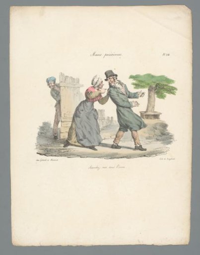 Woman sending a man away while another man watches from behind a fence