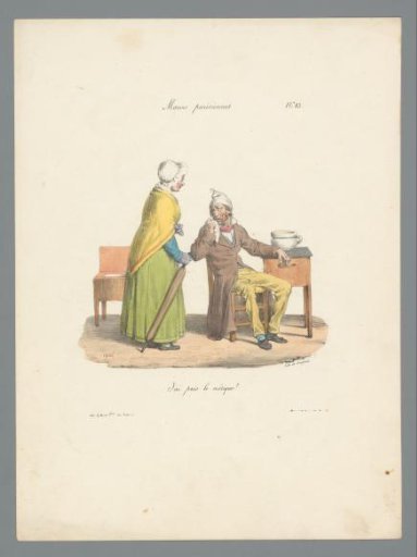 Woman with shawl and umbrella next to a sickly man