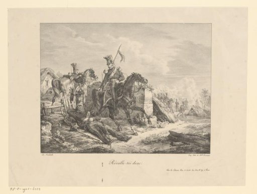 Soldier on horseback addressing a lying man