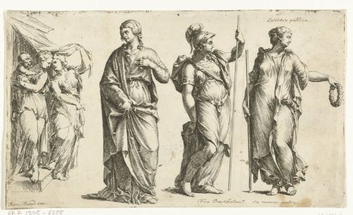 Three female figures and a group with two women and a child
