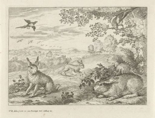 Three Hares and Two Magpies in a Landscape