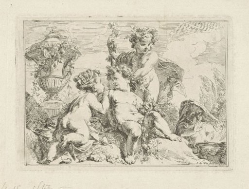 Four nude child figures by a garden vase (Winter)