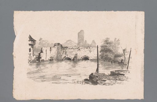 Landscape with buildings and water flowing through two tunnels