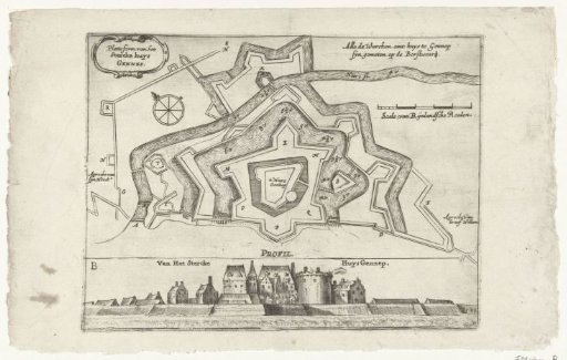 Map and profile of the House at Gennep, 1641