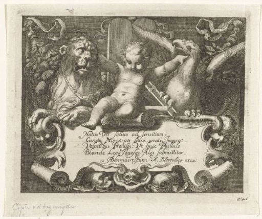 Title page with child between a tamed lion and a bird of prey above a shield with verse