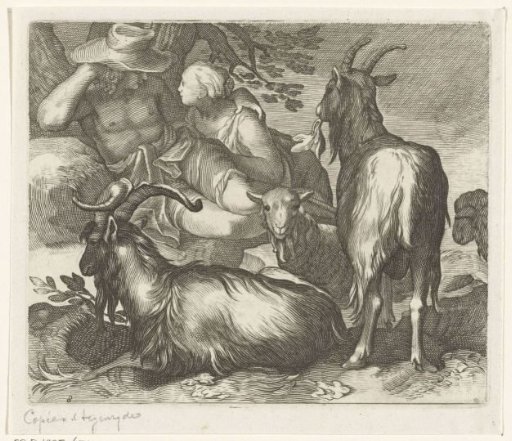 Shepherd and shepherdess as a loving couple with goats
