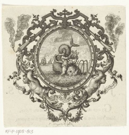 Man playing a lyre and sitting on the back of a dolphin in a calm sea, in a frame with ornaments and extinguished torches