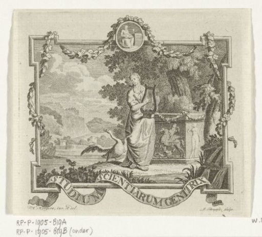 Vignette with Poetry with lyre and swan in a landscape with frame