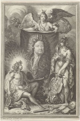 Portrait of a man's bust surrounded by allegorical figures