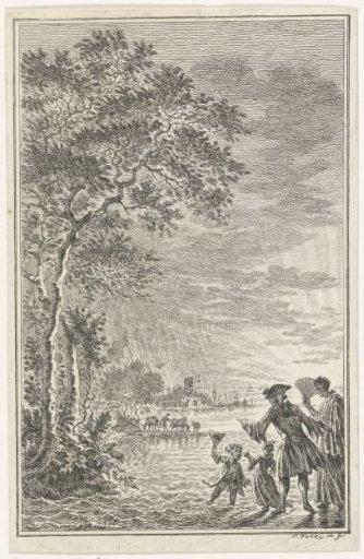 Married couple with children in a flooded landscape