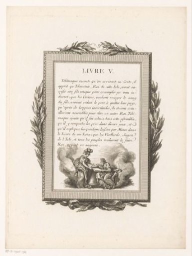 Framed French Text with Olive Branches and Athena with a King