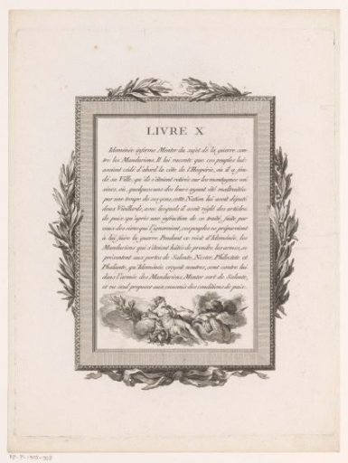 Framed French Text with Olive Branches and Mythological Figure