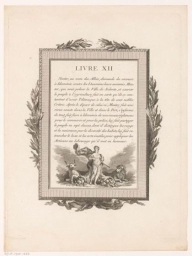 Framed French Text with Olive Branches and an Allegorical Figure