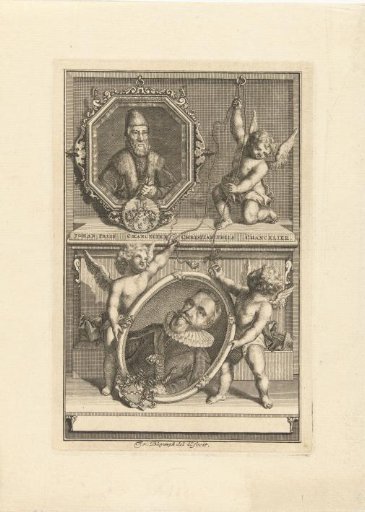 Two Portraits of Johan and Christian Friss, Chancellors of Denmark, Being Placed on a Pedestal by Three Putti