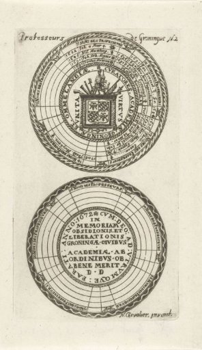 Seals of the University of Groningen with names of the professors and coat of arms