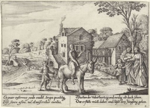 Fable of the Farmer and his Donkey; The Farmer Sits on the Donkey while the Son Walks