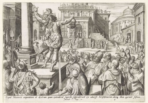 Head and hand of Nicanor shown to the people