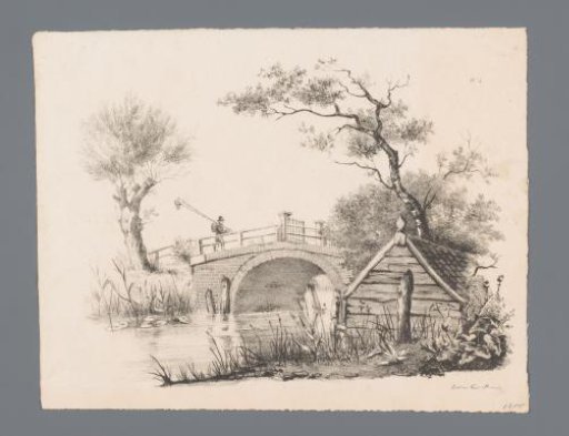 Landscape with bridge, fisherman and barn