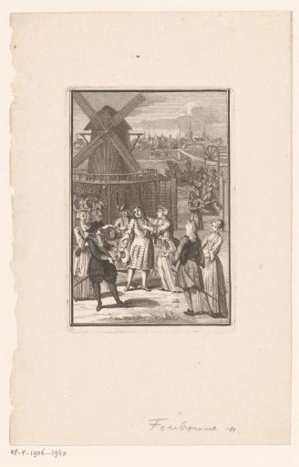 Group of People in Front of a Mill, Possibly a Scene from a Play