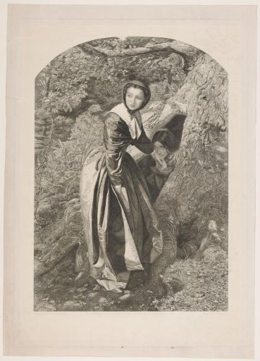 Woman bringing food to a lover hidden in a tree trunk