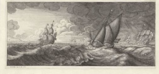 Sailing ship and three warships in a sea storm