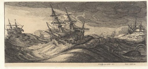 Warships and a whale in a sea storm