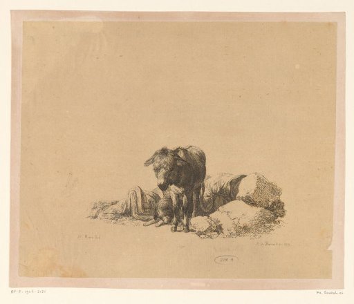 Standing donkey in front of a lying dog and a sleeping man