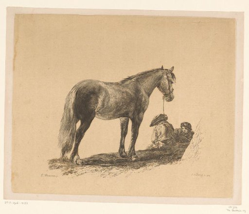 Standing horse with two men sitting on the ground