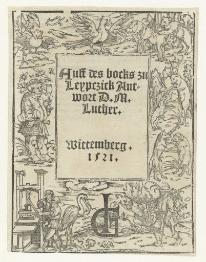 Title Frame with Printing Press, Hunter, Birds and Animals