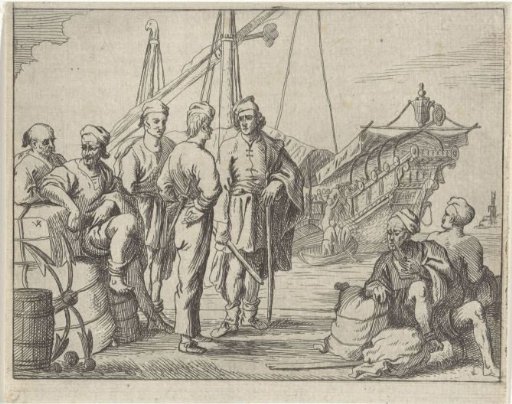 Islamic galley slaves and sailors on a quay
