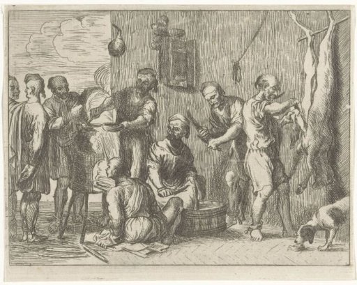 Islamic galley slaves receiving soup while a sheep is being skinned