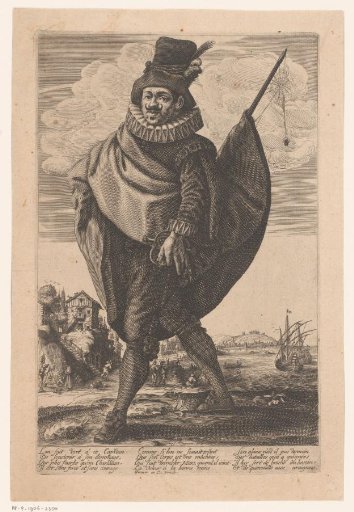 Caricature of a Spanish captain with a spiderweb hanging from his sword