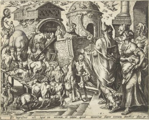 Noah embarks with his family and the animals on the ark