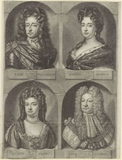 Portraits of William III, Prince of Orange, Mary II Stuart, Anne Stuart, and George I