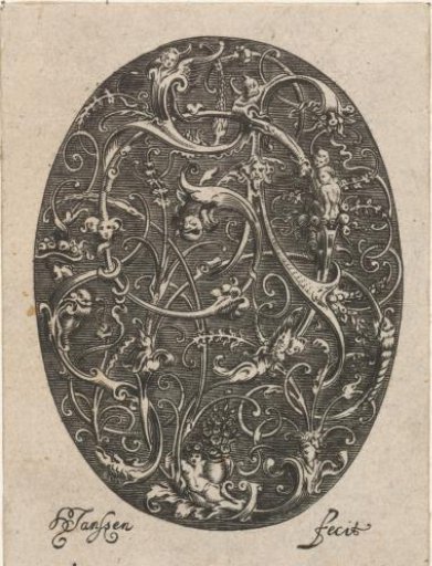 Oval with stylized vines containing heads