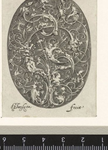 Oval with stylized vines containing figures